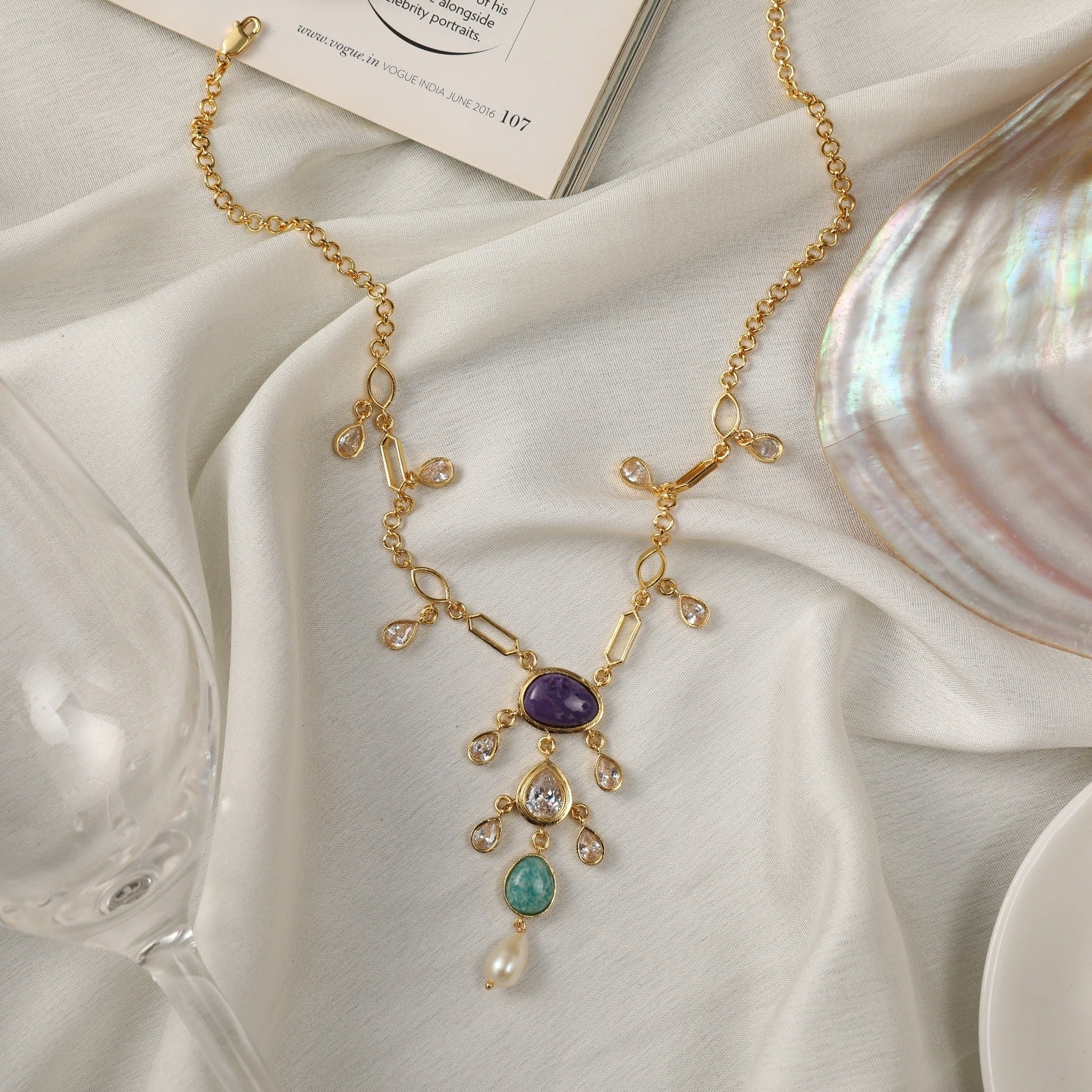 Rose Gold Plated Blue Stone Bridal Necklace Set - MIDNIK